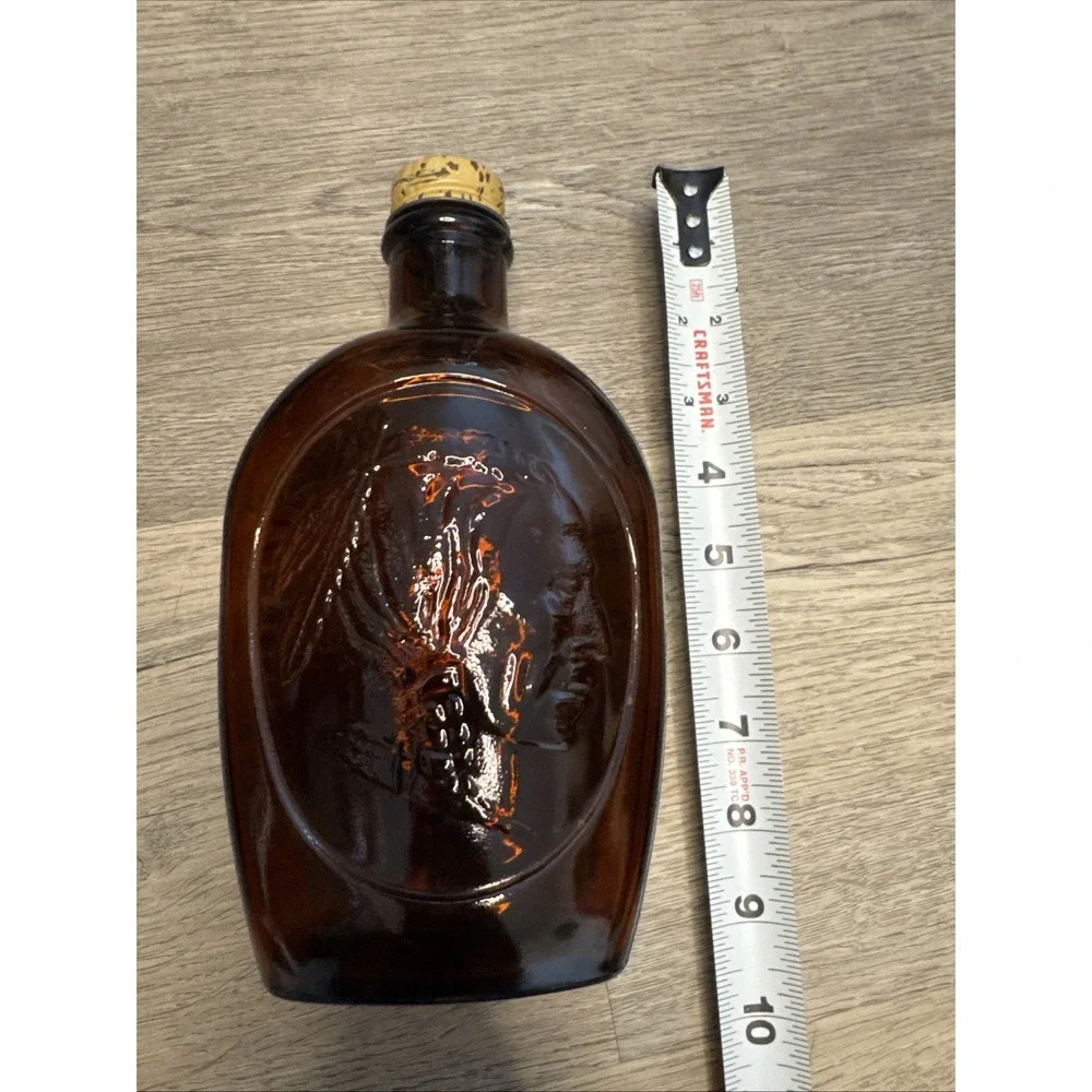 Vintage Log Cabin Syrup Bottle 10 oz‎ 9 Inch Amber Glass Indian Head 1950s Cork